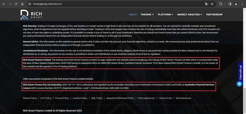 The official website of Rich Smart Finance displays company registration information