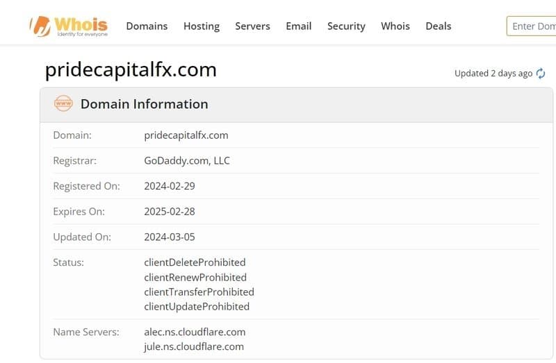 Thông tin đăng ký trên whois của trang web Pride Capital FX