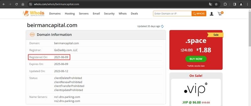 Beirmancapital 공식 웹사이트 WHOIS 등록 정보