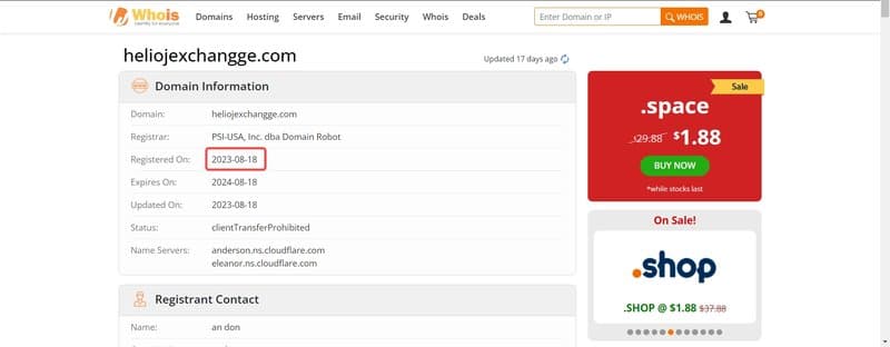 Helioj Exchange's domain registration time