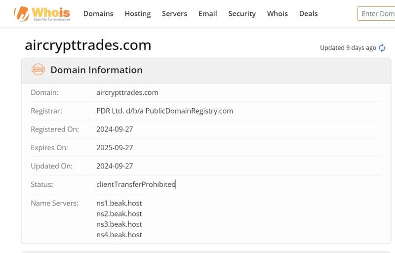 thời gian đăng ký tên miền của Aircrypt Trades