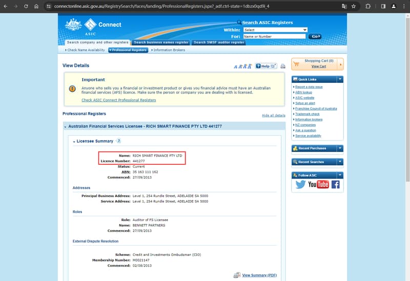 The regulatory information of 'Rich Smart Finance' by the Australian Securities and Investments Commission (ASIC)
