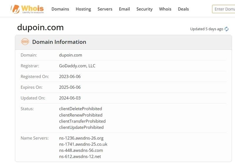 Thông tin đăng ký Whois của trang chính Dupoin
