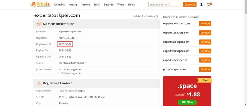 Expertstockpor的域名注册时间