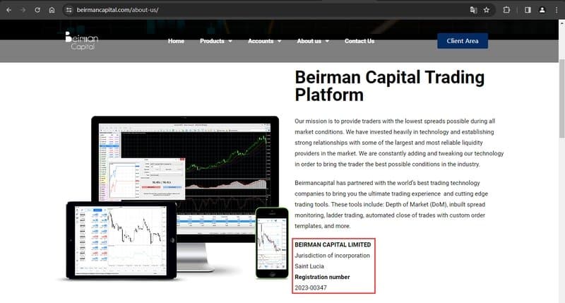 Beirmancapital 공식 웹사이트에 표시된 등록 정보