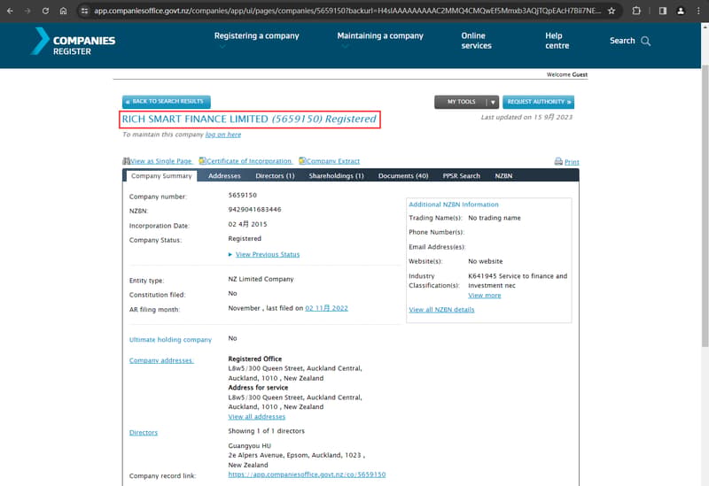 Rich Smart Finance business registration information