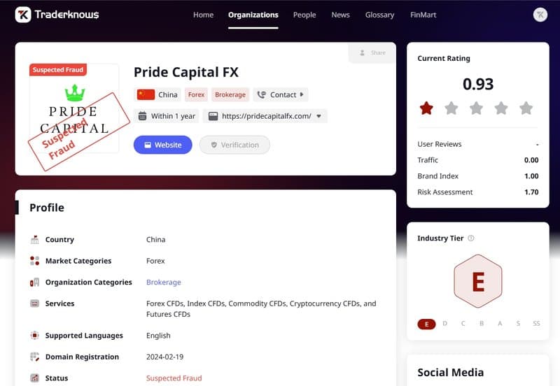 Hiện tại Pride Capital FX được hiển thị là nghi ngờ lừa đảo trên bách khoa toàn thư Tradersknow.