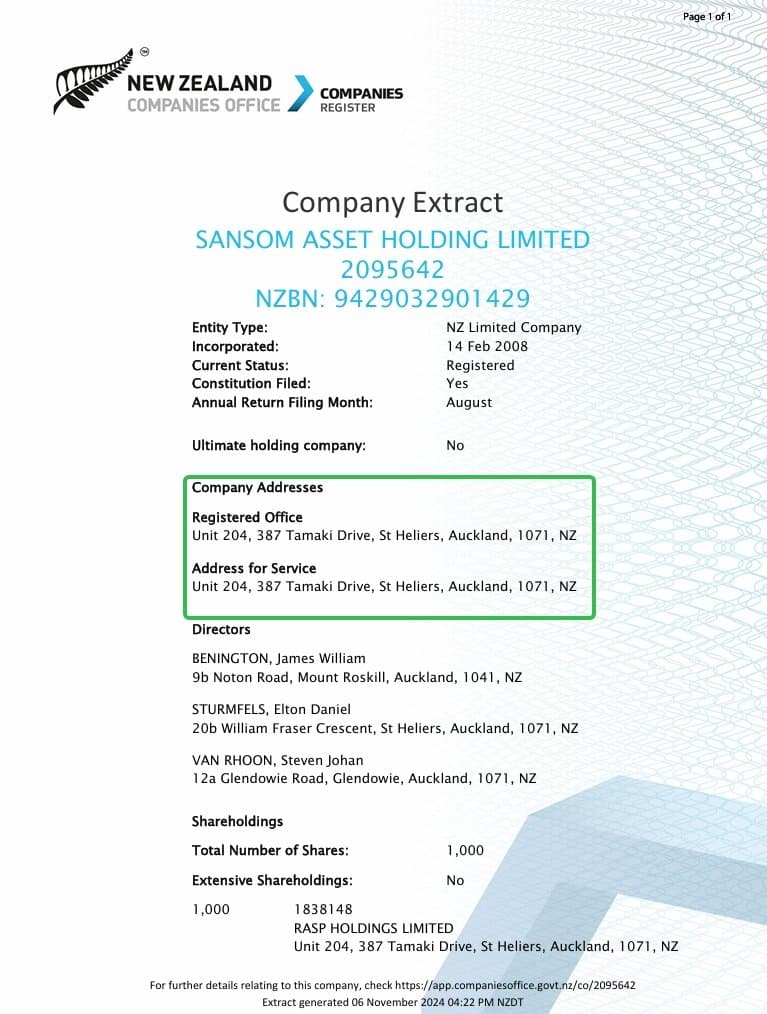 ニュージーランド会社登録局でのSANSOM ASSET HOLDING LIMITEDの登録情報