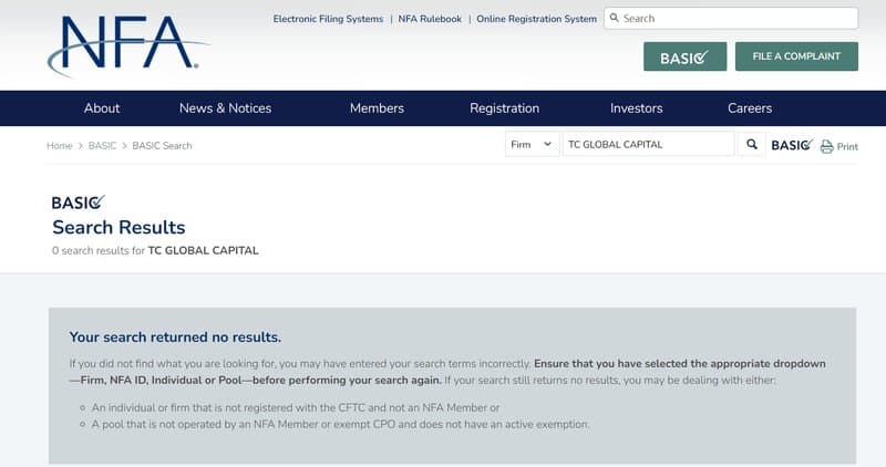 Regulatory Information of TC GLOBAL CAPITAL