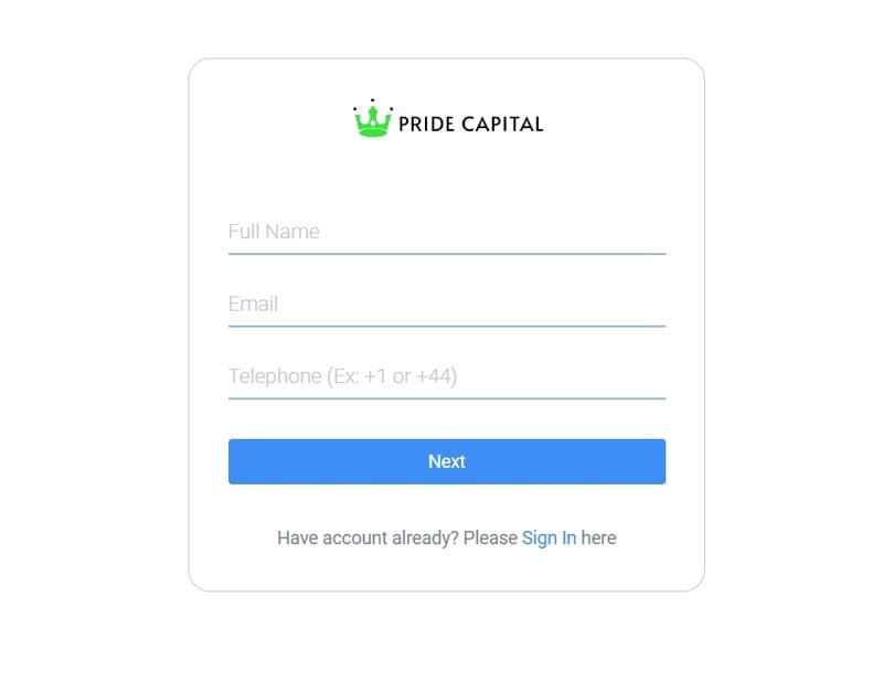 Quy trình đăng ký tài khoản của Pride Capital FX
