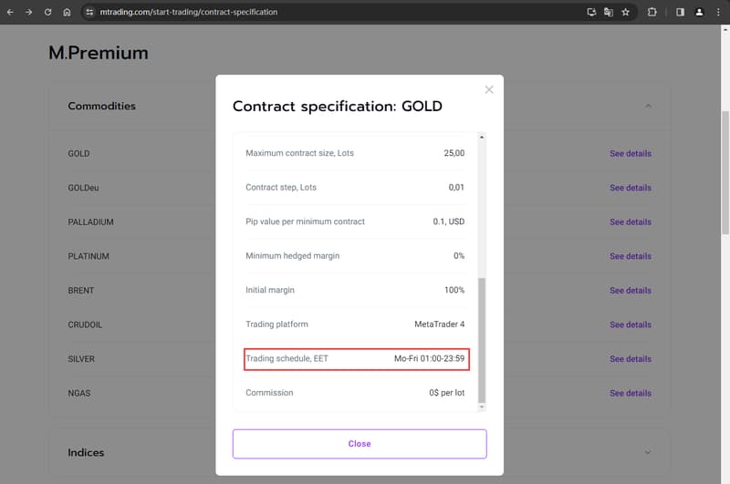 Official website showing trading time information 1