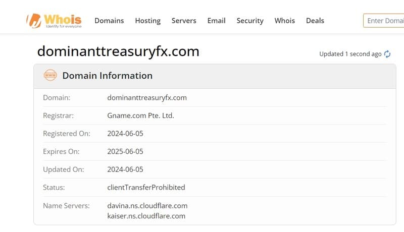 DOMINANT TREASURY的企业域名注册时间