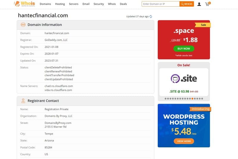 Hantec Finanical在whois域名注册时间