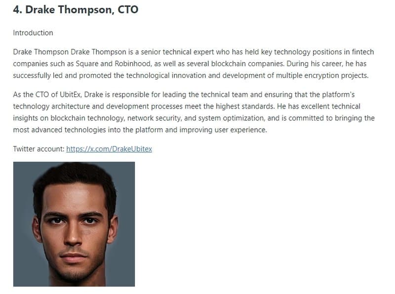 UbitEx 공식 웹사이트의 최고 기술 책임자 Drake Thompson