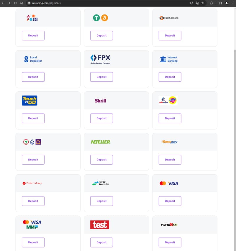 Official website showing deposit and withdrawal information