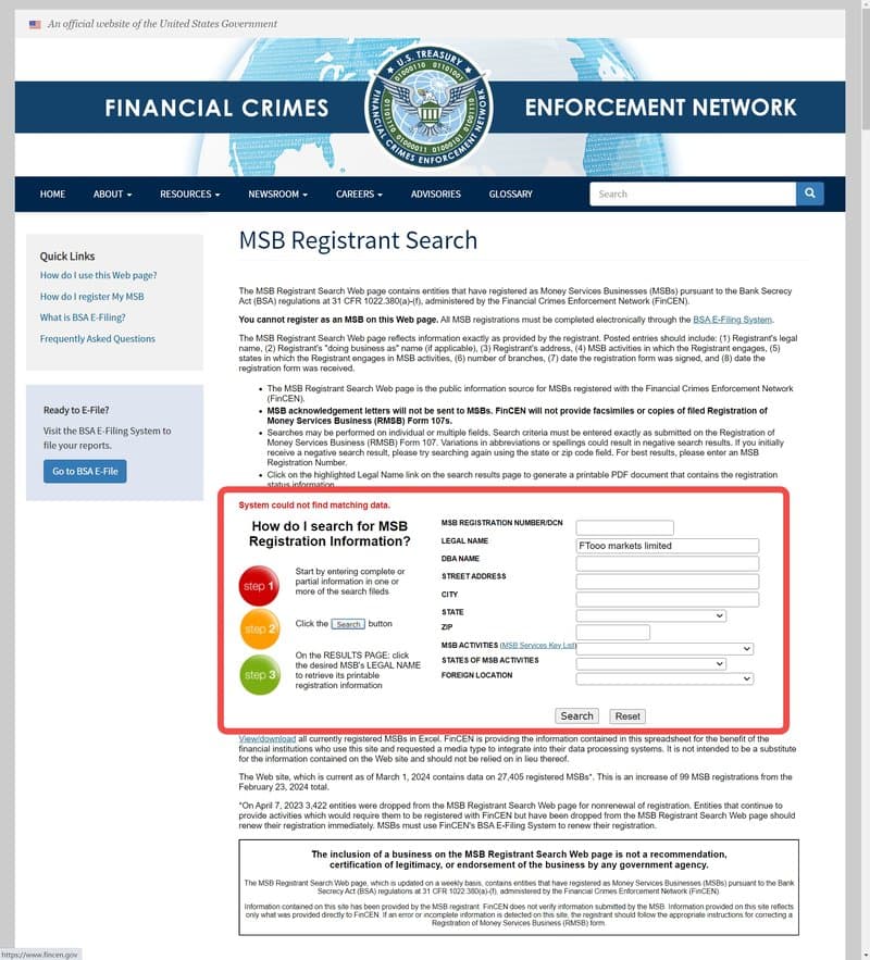 FTooo markets limited的美国MSB监管查询