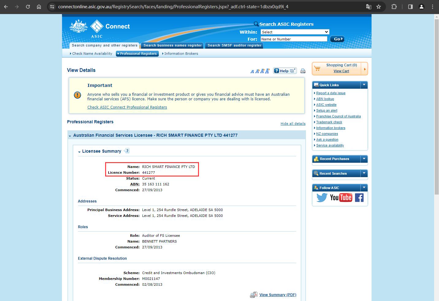 The regulatory information of 'Rich Smart Finance' by the Australian Securities and Investments Commission (ASIC)