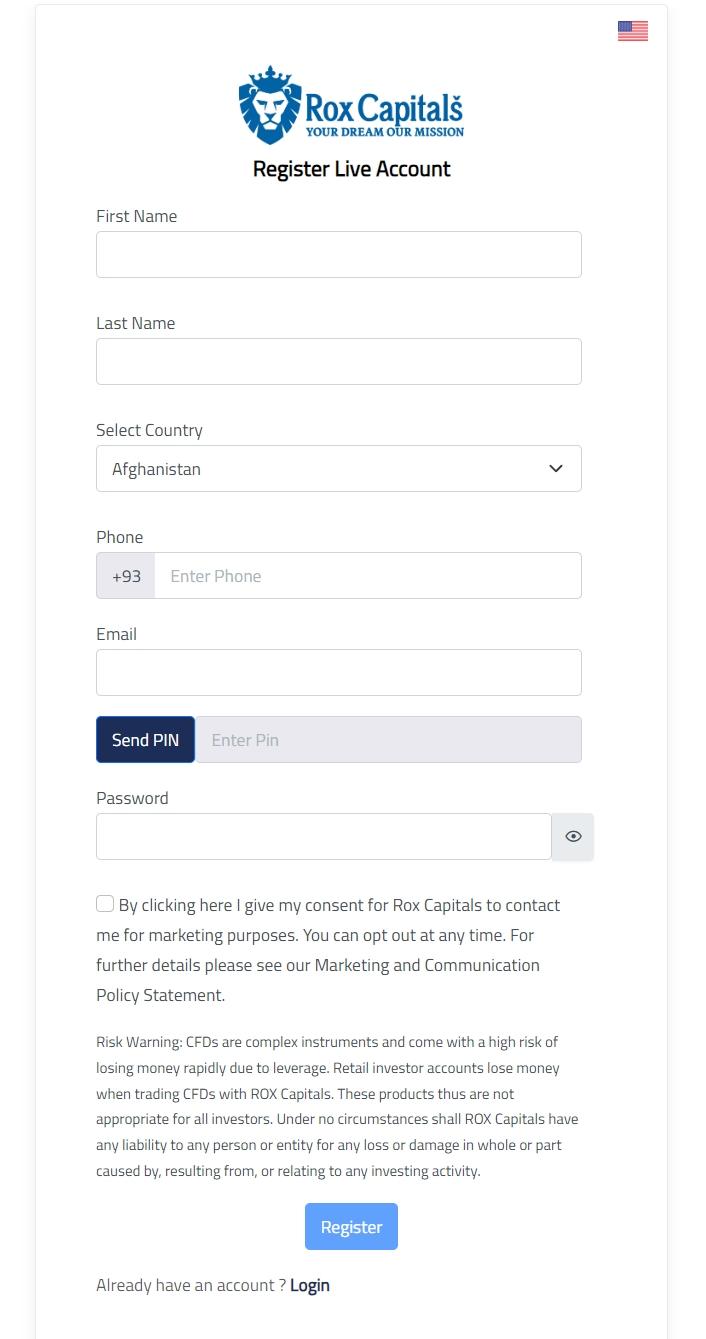Rox Capitals' account registration process