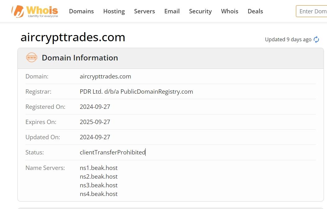 whois domain time of Aircrypt Trades