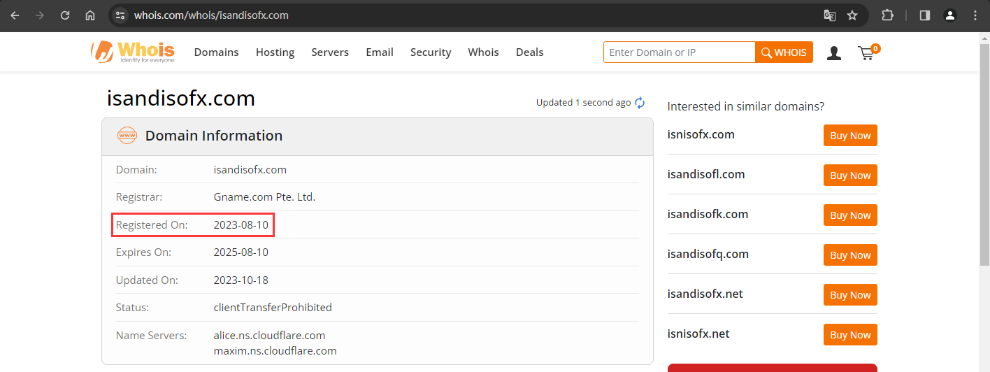 Whois domain registration information on the official website