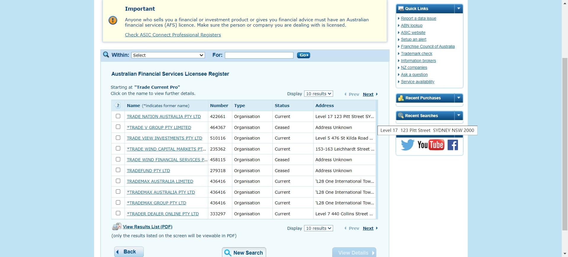 regulation information of Trade Current Pro