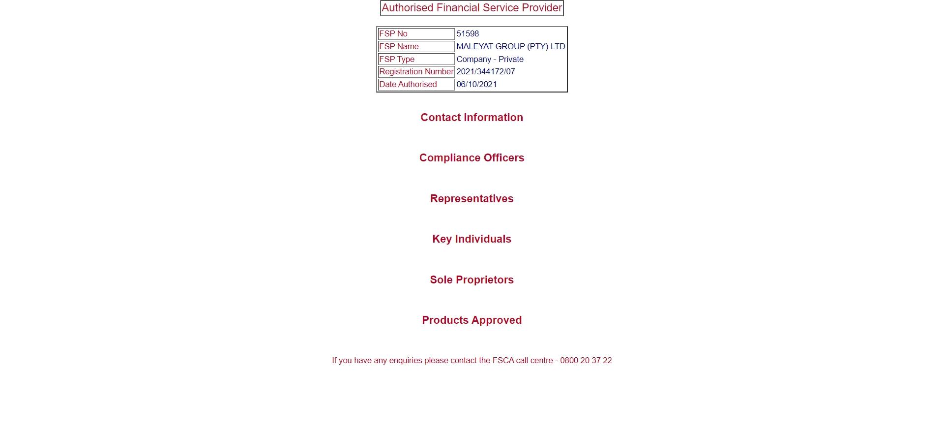 Maleyat在FSCA的监管查询